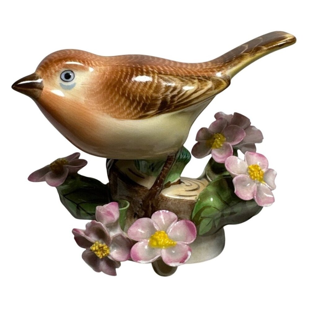 Herend Hungary Bird Figurine Pink Flowers #5124 Signed Handpainted Porcelain